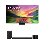 Vooraanzicht van LG QNED 86" intense kleuren in 4K SMART TV &DS70TR 5.1.1 kanaal 86QNED816RE.DS70TR