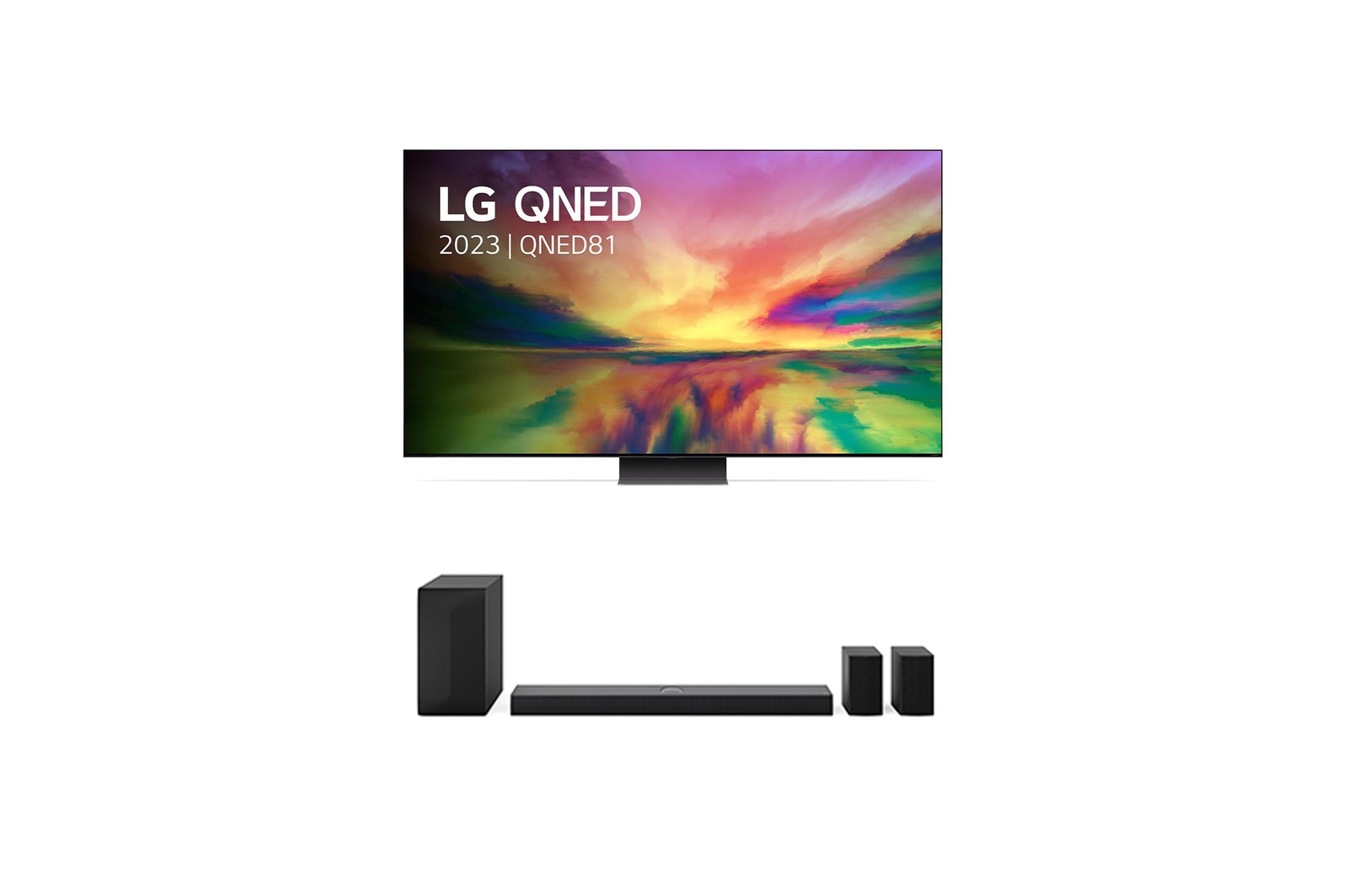 Vooraanzicht van LG QNED 86" intense kleuren in 4K SMART TV &DS70TR 5.1.1 kanaal 86QNED816RE.DS70TR