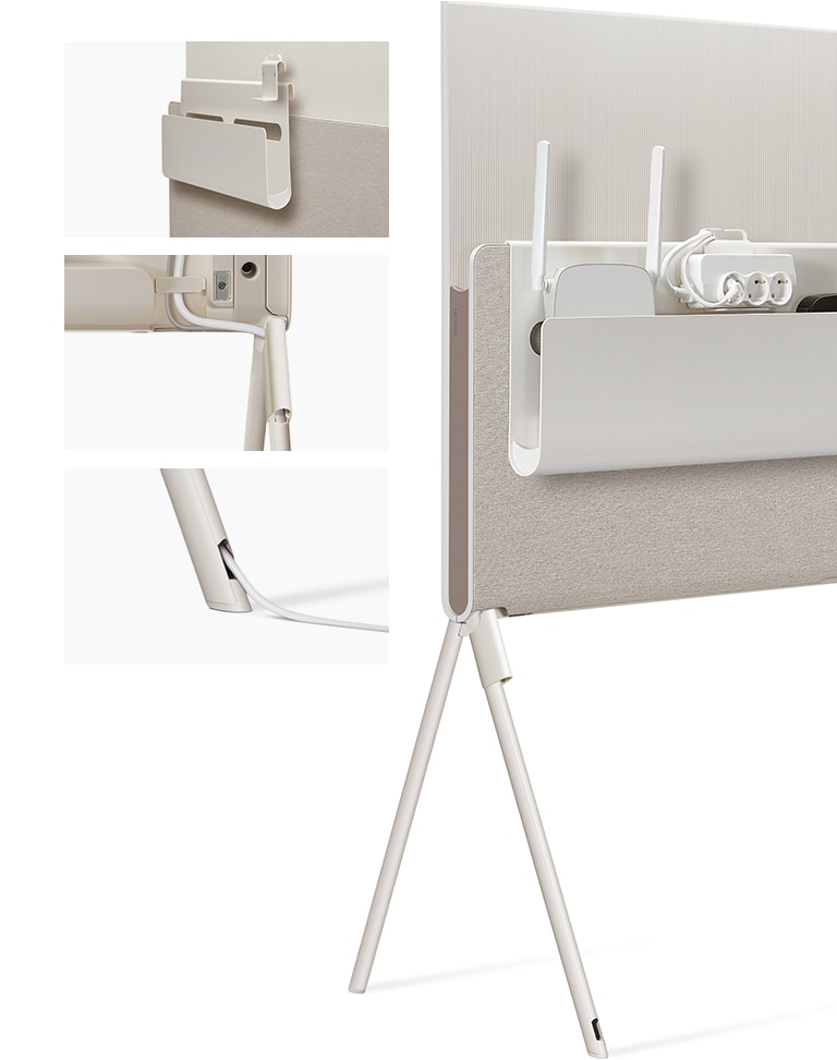 Close-up van Posé's kabel- en accessoire-organiser tegen het mediarek. Close-up van de afneembare kabelhouder op de voet van de tv. Close-up van de kabel die uit de poot van de tv loopt. Beeld van Posé van achteren gezien met de kabel- en accessoire-organiser met een router, stopcontact en apparaat.