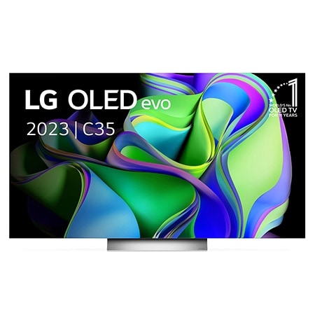 Vooraanzicht met LG OLED evo en 10 jaar nr. 1 OLED-embleem op het scherm, evenals de soundbar eronder. 