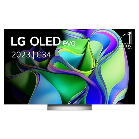 Vooraanzicht met LG OLED evo en 10 jaar nr. 1 OLED-embleem op het scherm, evenals de soundbar eronder. 