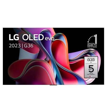 Front view with LG OLED evo, 10 Years World No.1 OLED Emblem, and 5-Year Panel Warranty logo on screen