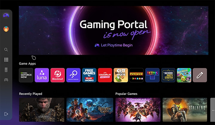 Startscherm van het Gaming Portal. De cursor beweegt en klikt om veel populaire speltitels weer te geven en de extra functie om games te kunnen selecteren op basis van het type controller dat je hebt, of dat nu een gamepad of de afstandsbediening is.