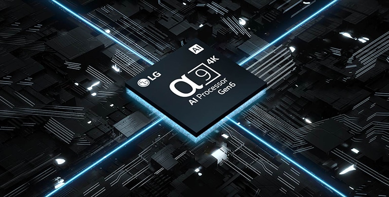 Een video van de α9 AI Processor 4K Gen6 tegen een printplaat. Het bord licht op en er komen blauwe lampjes uit de chip die de voeding aangeven.