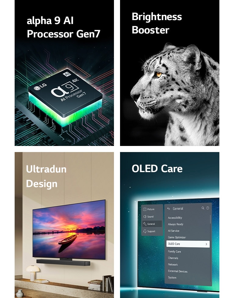 De alpha 9 AI Processor Gen7 van LG op een moederbord en stoot groene lichtstralen uit.  Brightness Booster met een beeld van de zijkant van het gezicht van een witte luipaard.  Ultraslank, geschikt voor de LG Soundbar en plat tegen de muur geplaatst in een moderne woonruimte.  OLED TV met het OLED Care-menu is geselecteerd in het ondersteuningsmenu op het scherm.
