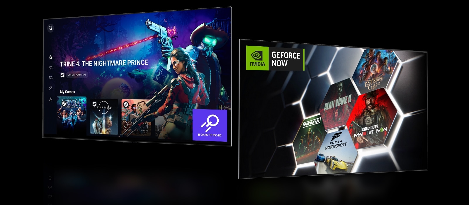 Een Boosteroid-startscherm met “Trine 4: The Nightmare Price” aan de linkerkant. GeForce NOW-startscherm met vijf verschillende thumbnails van games aan de rechterkant.