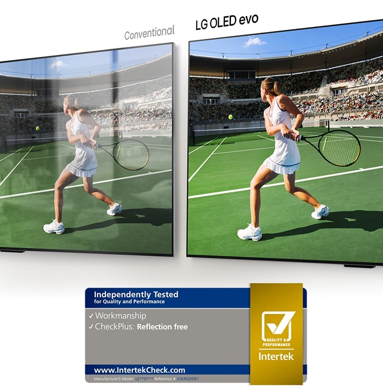 Aan de linkerzijde is een tennisser in een stadion op een normale tv te zien, waarbij de ruimte reflecteert op het scherm. Aan de rechterzijde is hetzelfde beeld van een tennisser in een stadion te zien op de LG OLED evo M4, zonder reflectie van de ruimte, en het beeld ziet er helderder en kleurrijker uit.