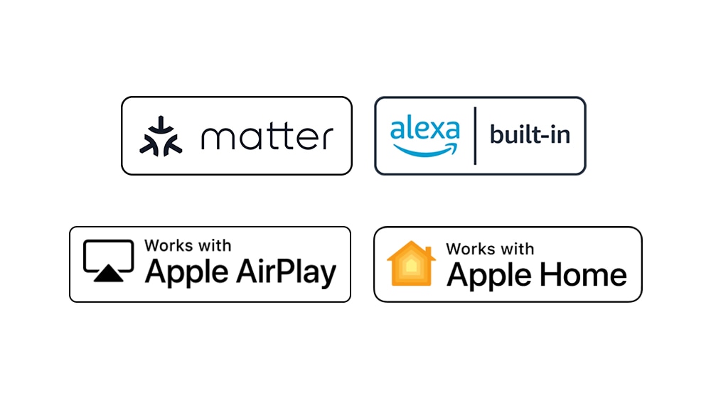 "The logo of hey google The logo of alexa built-in The logo of works with Apple AirPlay The logo of works with Apple Home"