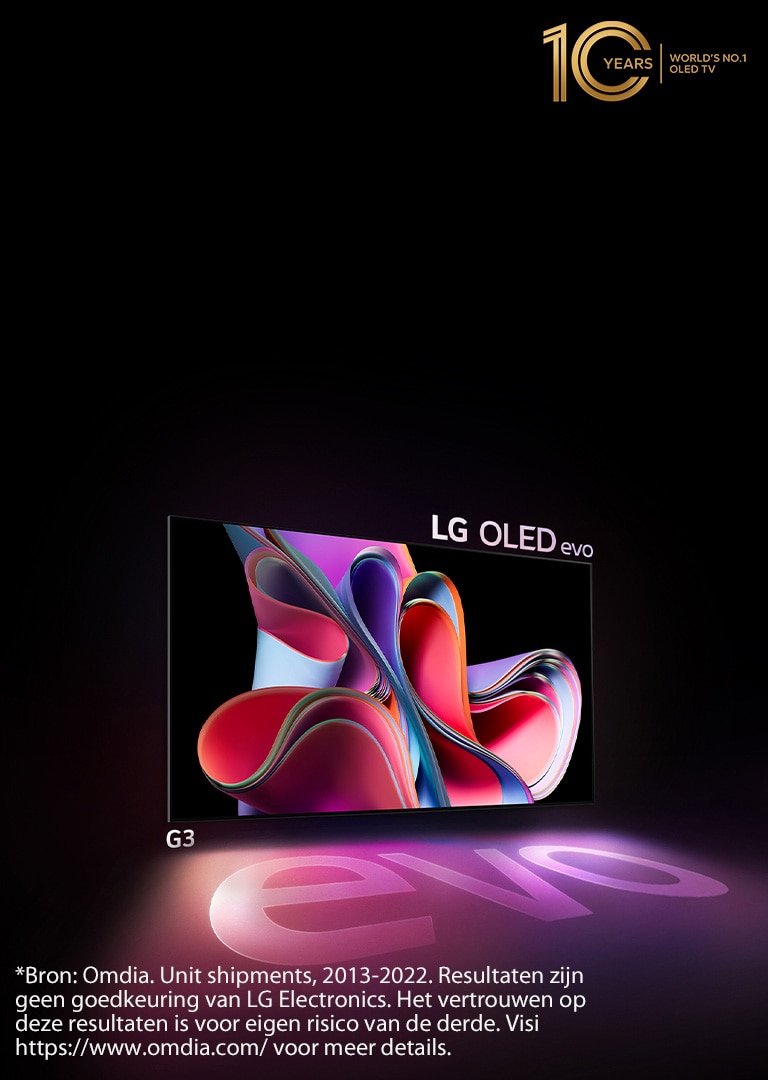 LG OLED G3 evo schijnt helder in een donkere ruimte. En rechtsboven staat een logo om de 10e verjaardag van OLED te vieren.