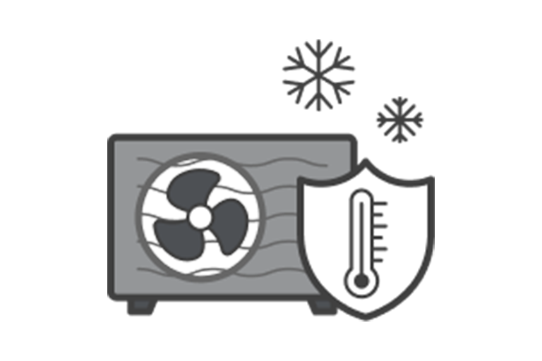 Getoond wordt het grijze buitenpictogram, terwijl een thermometer in een schildbadge aan de rechterkant een hoge temperatuur aangeeft met twee sneeuwvlokken bovenaan.