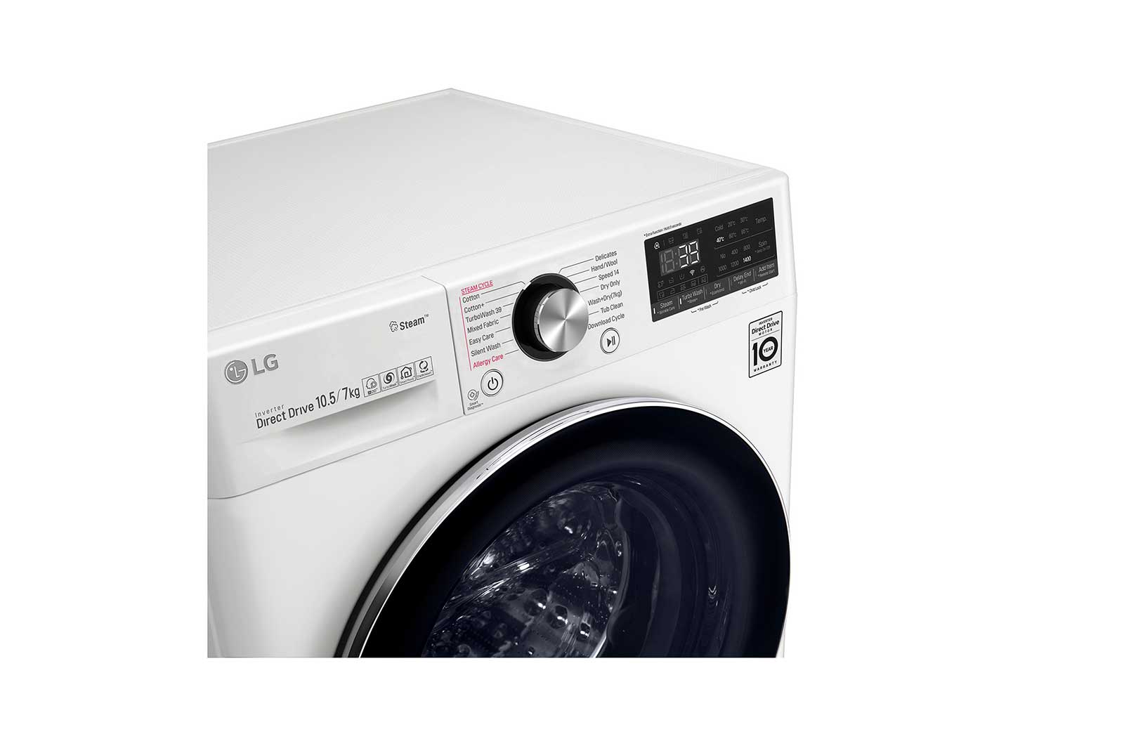 LG TurboWash™ 39 - Perfect schoon in 39 minuten | Slimme AI DD™ motor herkent je kleding | E | 10.5 kg wassen/7 kg drogen  | Hygiënisch wassen met stoom, F4DV910H2E