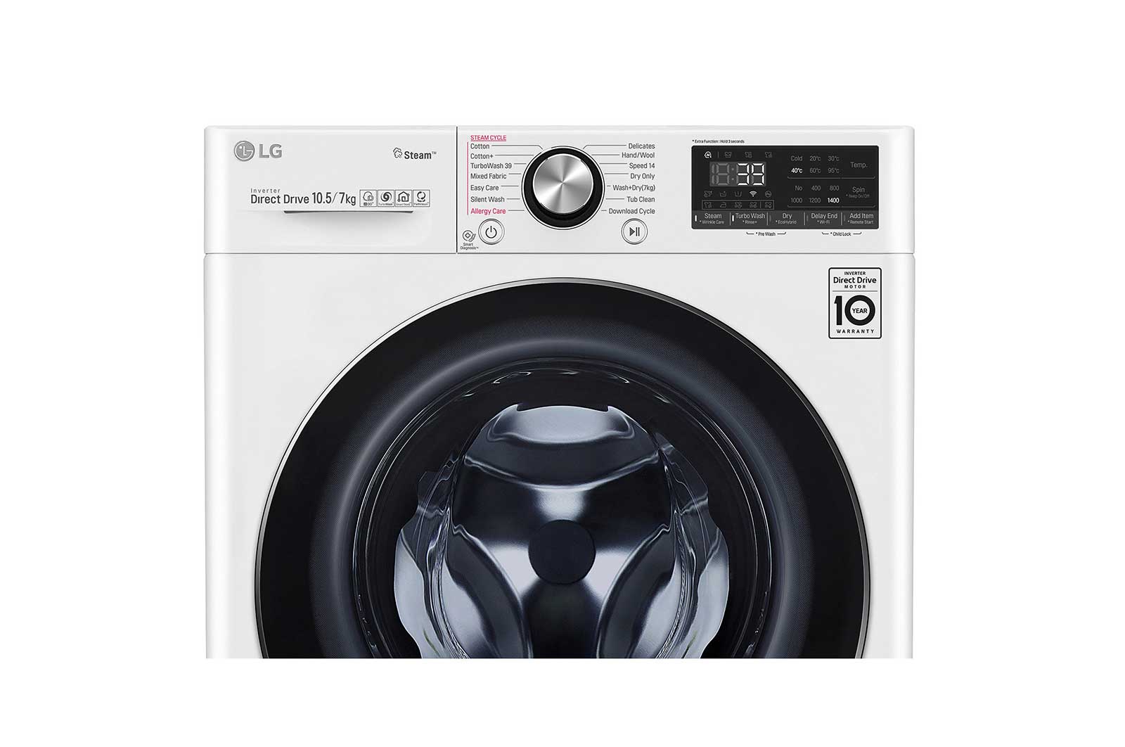 LG TurboWash™ 39 - Perfect schoon in 39 minuten | Slimme AI DD™ motor herkent je kleding | E | 10.5 kg wassen/7 kg drogen  | Hygiënisch wassen met stoom, F4DV910H2E
