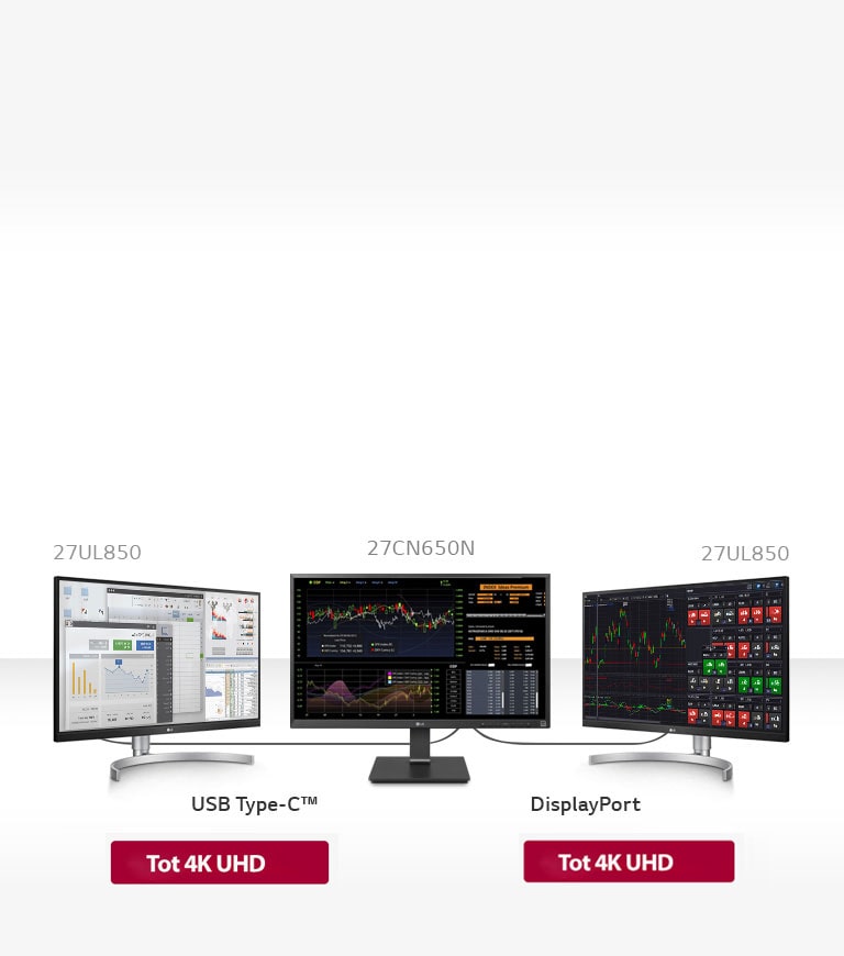 Triple-monitorinstellingen met twee 27UL850 monitors.