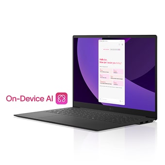 LG gram-laptop met On-Device AI en een slimme assistentinterface op het scherm.