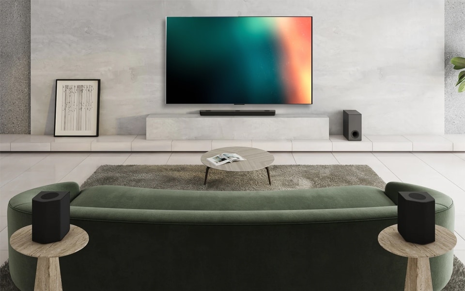 Een woonkamer met een van de beste soundbars voor LG TV's