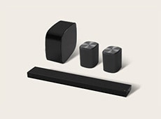 ''LG Immersive Suite 7 Pro, een stereo audiosysteem voor thuis met een Sound Suite-soundbar, twee luidsprekers en een woofer.