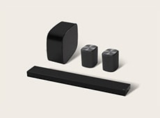LG Immersive Suite 5 Pro, een stereo audiosysteem voor thuis met een Sound Suite-soundbar, twee luidsprekers en een woofer.