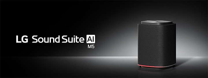 LG Sound Suite M5 draadloze luidspreker met een zwart getextureerd ontwerp en rood licht voor meeslepende surround sound-systemen