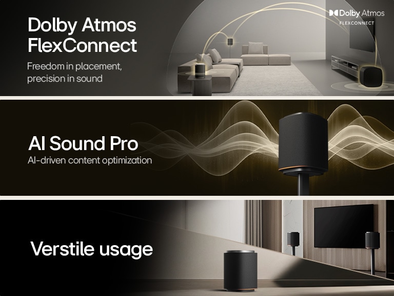 1) LG Sound Suite met Dolby Atmos FlexConnect-technologie detecteert de locatie van elke luidspreker om surround sound-systemen te optimaliseren 2) LG Sound Suite-luidspreker die gouden geluidsgolven uitzendt, wat AI Sound Pro illustreert voor een geoptimaliseerd geluidssysteem voor thuis 3) LG Sound Suite-luidsprekers gecombineerd met een tv, wat veelzijdig gebruik voor thuisaudiosystemen benadrukt