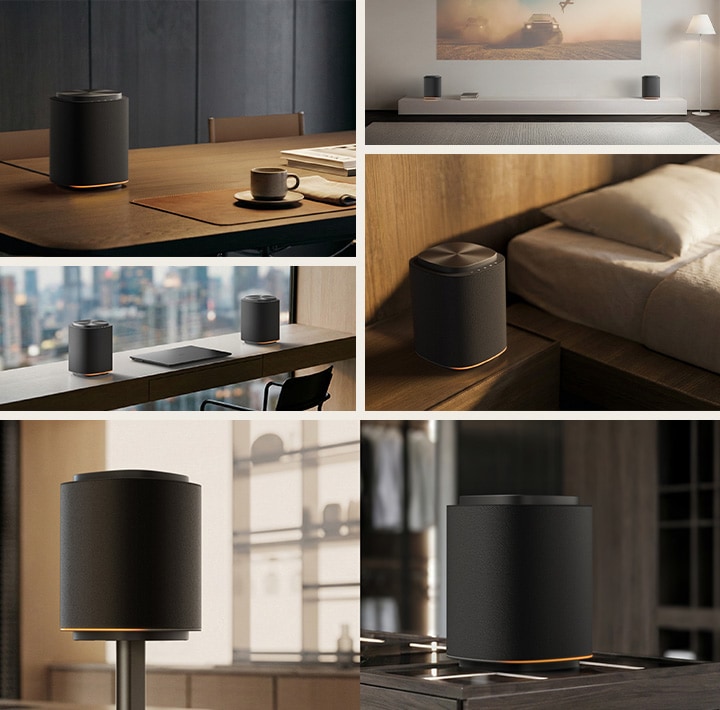 Een draadloze LG Sound Suite M5-luidspreker, geplaatst in verschillende woonomgevingen, waaronder op een bureau, naast het bed, bij de tv en op een luidsprekerstandaard