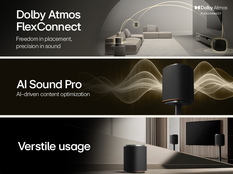 1) LG Sound Suite met Dolby Atmos FlexConnect-technologie detecteert de locatie van elke luidspreker om surround sound-systemen te optimaliseren 2) LG Sound Suite-luidspreker die gouden geluidsgolven uitzendt, wat AI Sound Pro illustreert voor een geoptimaliseerd geluidssysteem voor thuis 3) LG Sound Suite-luidsprekers gecombineerd met een tv, wat veelzijdig gebruik voor thuisaudiosystemen benadrukt