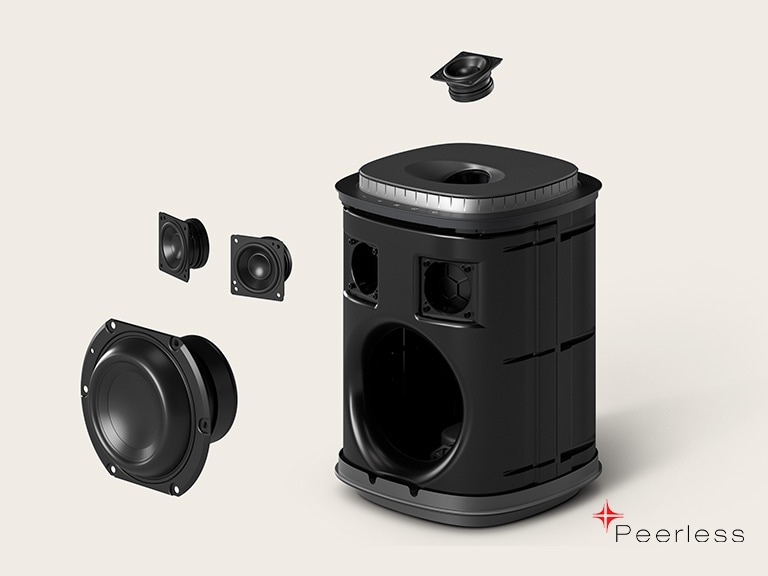 LG Sound Suite M7 luidspreker met ruimtelijke audio en Peerless voor- en opwaartse luidsprekerarrays die meeslepende 3D-audio uit alle richtingen leveren