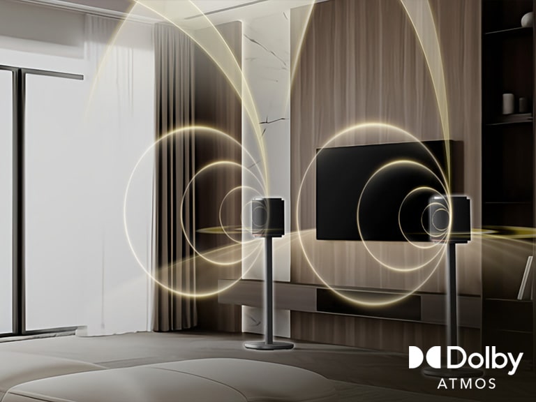 Een woonkamer met gebogen geluidsgolven van een LG Sound Suite soundbar met Dolby Atmos FlexConnect ondersteund surround soundsysteem voor tv