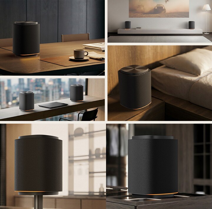 Een LG Sound Suite M7 draadloze speaker, geplaatst in verschillende woonomgevingen, waaronder op een bureau, naast het bed, bij de tv en op een luidsprekerstandaard