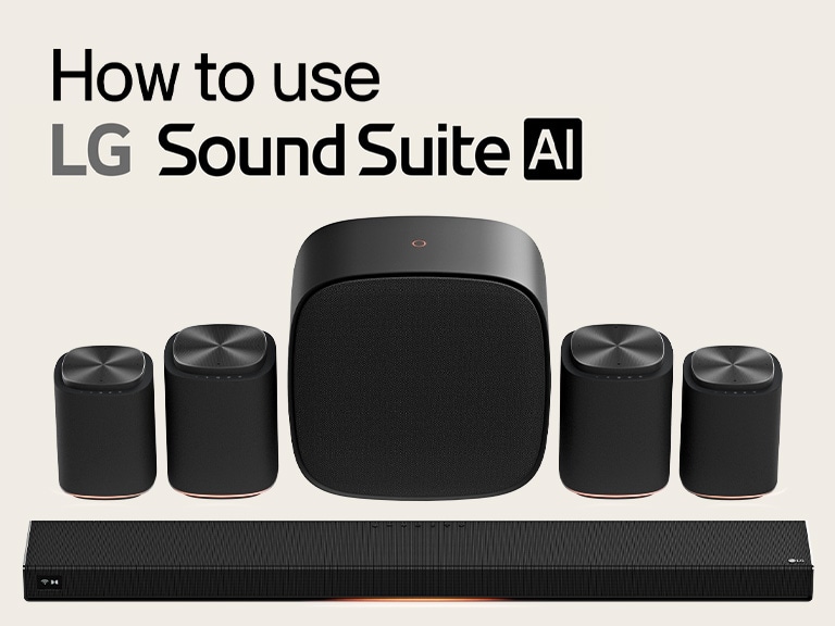 LG Sound Suite thuisbioscoop-luidsprekerset met een H7-soundbar, twee M7-luidsprekers, nog twee M5-luidsprekers en een W7-woofer.