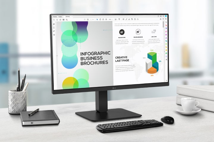 Het grote QHD IPS-scherm van 27 inch reproduceert gedetailleerde beelden en nauwkeurige kleuren.