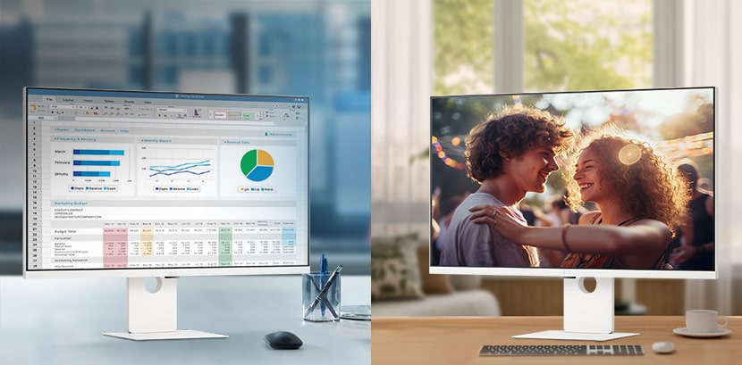 Een foto van LG Smart Monitors op kantoor en thuis.
