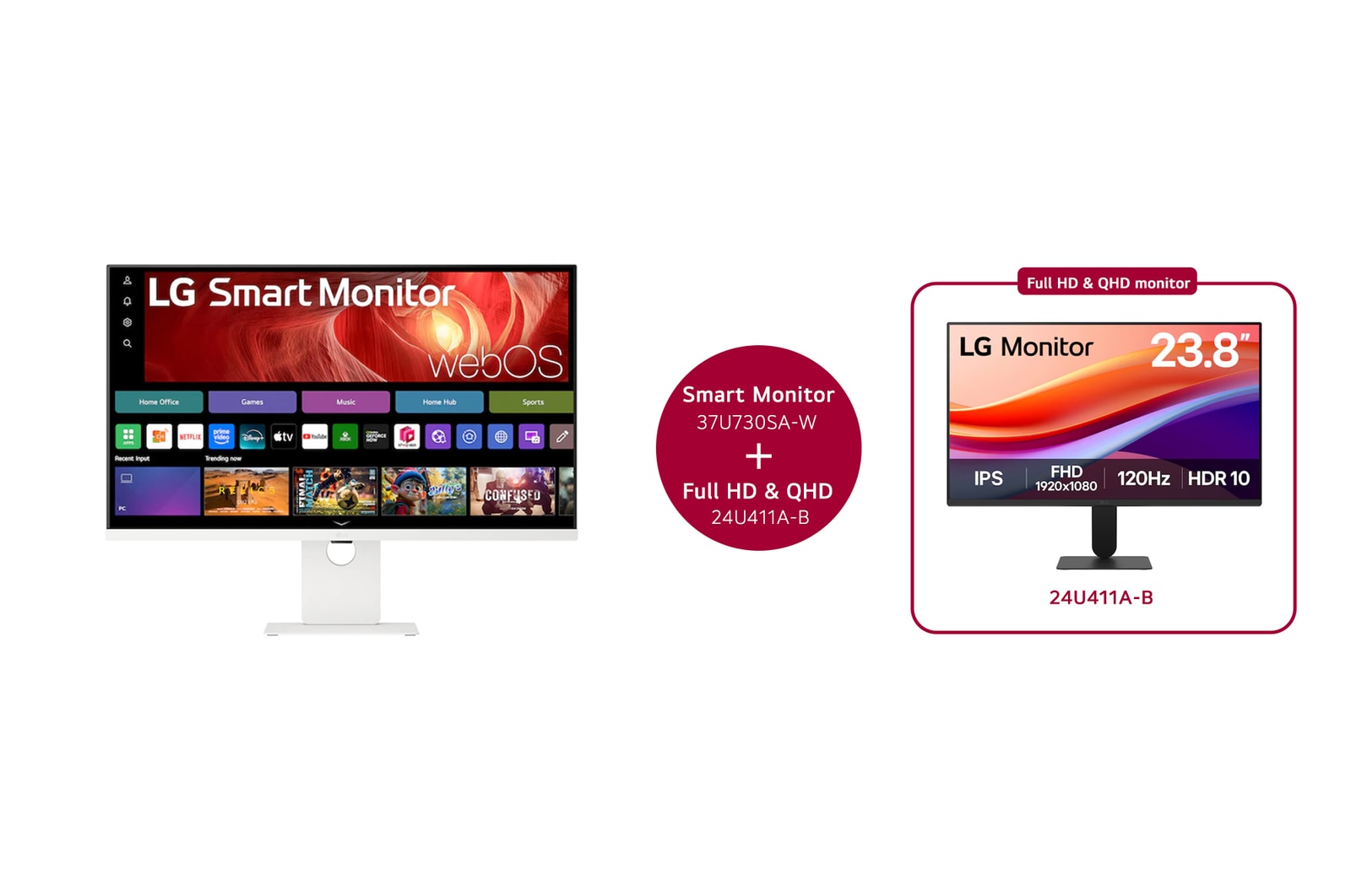 Vooraanzicht van LG 37” 4K UHD IPS Smart Monitor & LG 24" Full HD 120Hz IPS monitor 37U730SA.24U411A