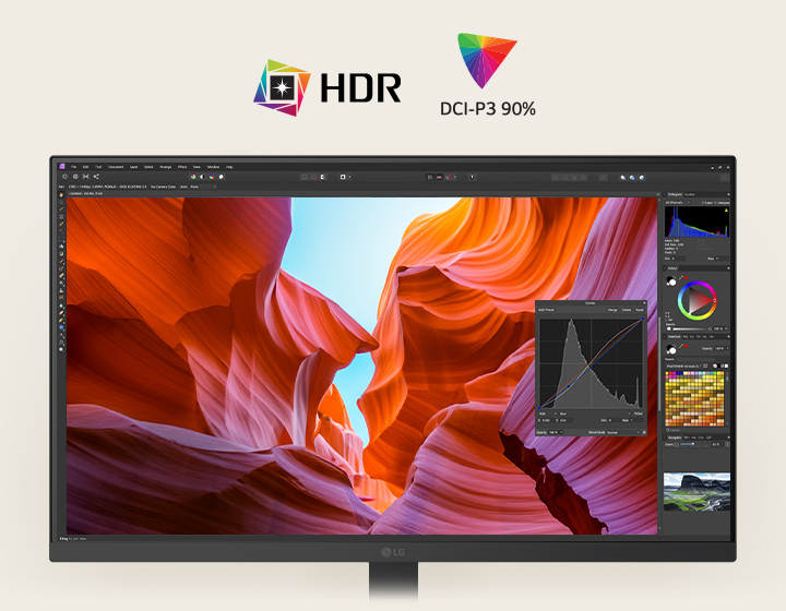 Vooraanzicht van een witte LG-monitor met levendige beelden van een canyon, voorzien van kleurcorrectietools, met nadruk op HDR en 90% DCI-P3-kleurdekking.