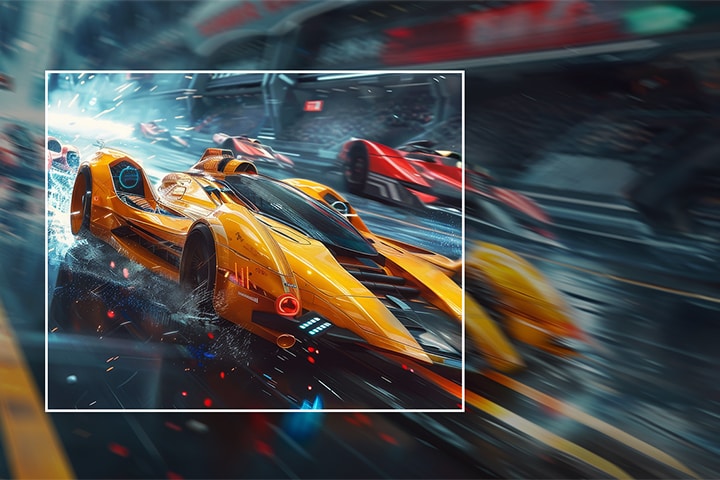 Op het scherm is een gele raceauto te zien die met hoge snelheid vooruitrijdt. De binnenkant van het witte vierkante vak is duidelijk te zien, terwijl de buitenkant wazig is.