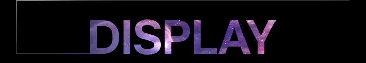 Het woord 'DISPLAY' in grote, in kleur verlopende letters, gecentreerd op een donkere achtergrond met een dun omlijnd kader dat aan de linkerkant uitsteekt.