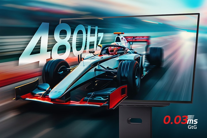 Racegamescène met een extreem snelle respons van 0,03 ms (GtG) en een snelle vernieuwingsfrequentie van 480 Hz.