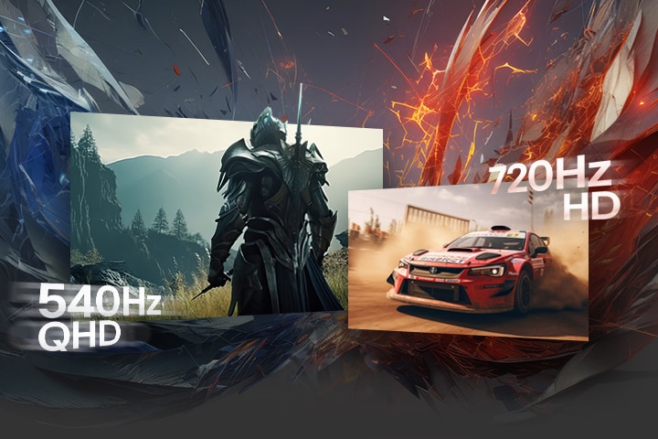 Deze afbeelding vergelijkt twee gamescènes: links een fantasiekrijger weergegeven in QHD op 540Hz, en rechts een rallyauto weergegeven in HD op 720Hz. De twee scènes overlappen elkaar lichtjes tegen een dynamische, abstracte blauw-rode achtergrond, met de labels '540Hz QHD' en '720Hz HD' naast elke afbeelding.