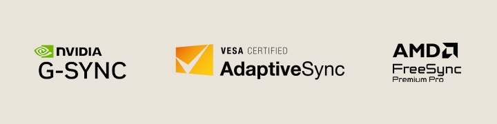 Logo's van NVIDIA G-SYNC, VESA AdaptiveSync en AMD FreeSync Premium Pro.