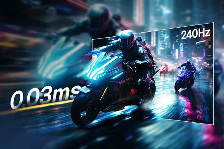 Racegamescène met een extreem snelle respons van 0,03 ms (GtG) en een snelle vernieuwingsfrequentie van 240 Hz.