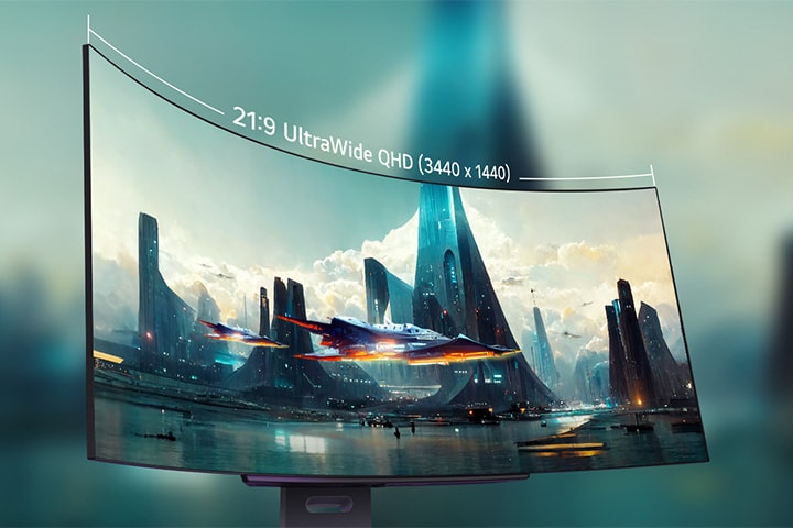 De gebogen 21:9 OLED-monitor biedt een meeslepende en boeiende ervaring met een evenwichtige en geoptimaliseerde beeldverhouding.