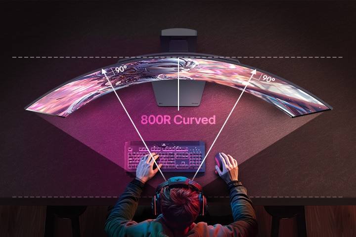 Een geanimeerde video waarin de overgang plaatsvindt van een vooraanzicht naar een bovenaanzicht van een gebogen monitor.