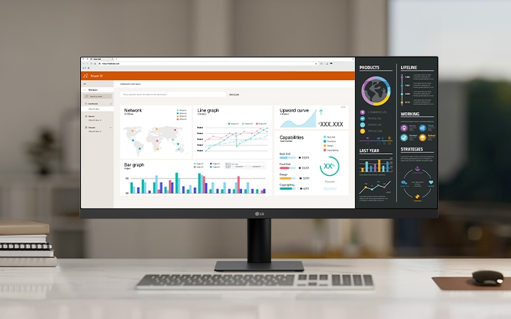 LG ultra-wide monitor op een wit bureau in een modern kantoor, met weergave van meerdere datadashboards en grafieken voor productiviteit en multitasking.