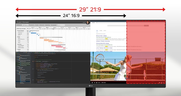 Ultrabrede 29-inch LG-monitor die het verschil illustreert tussen de beeldverhoudingen 21:9 en 16:9. Meerdere applicaties worden naast elkaar weergegeven voor multitasking.