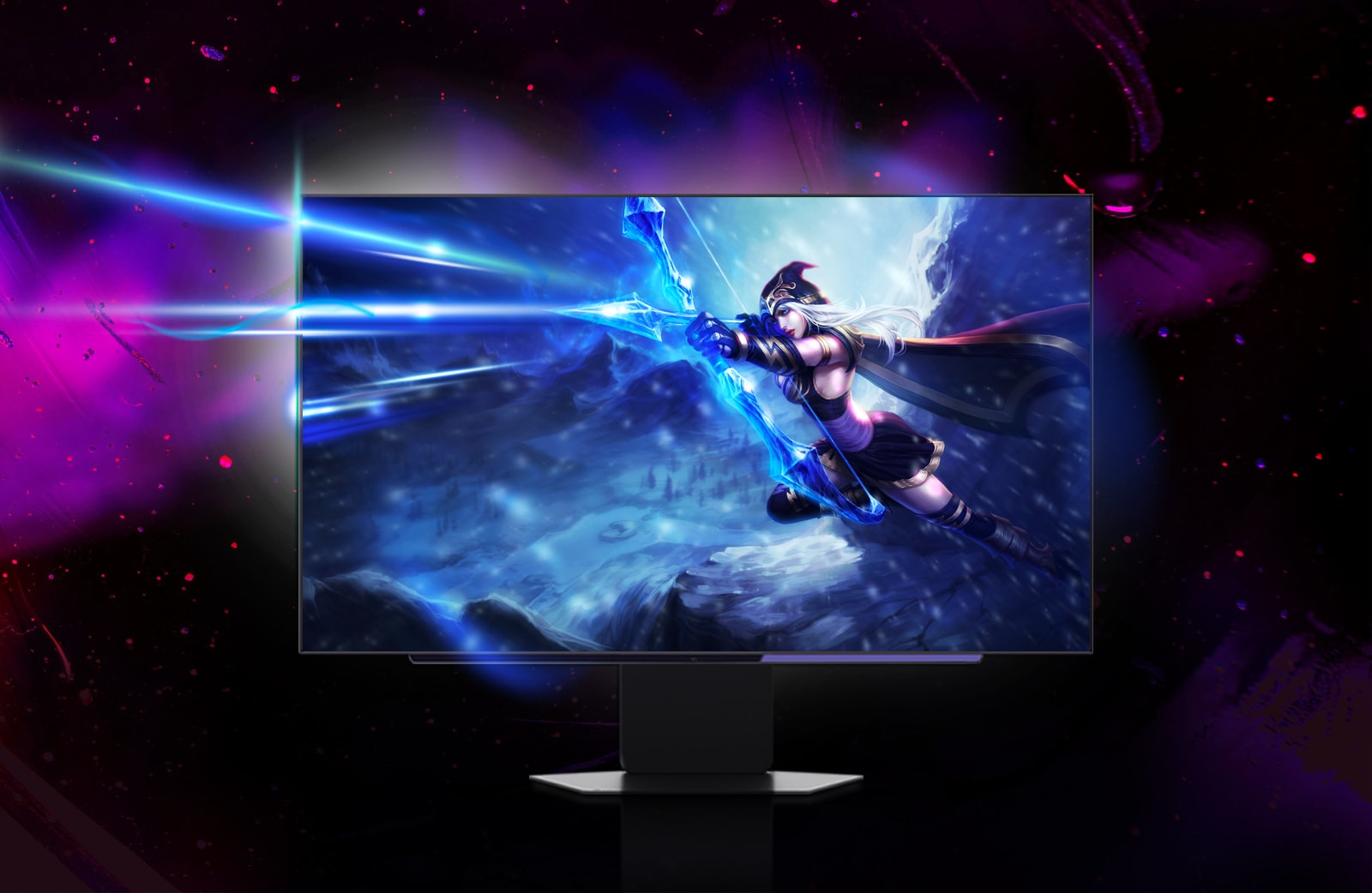 De UltraGear™-monitor staat in een hoek en op het scherm is een afbeelding van vallende Mars te zien, met pixelgolflengtes in de achtergrond.