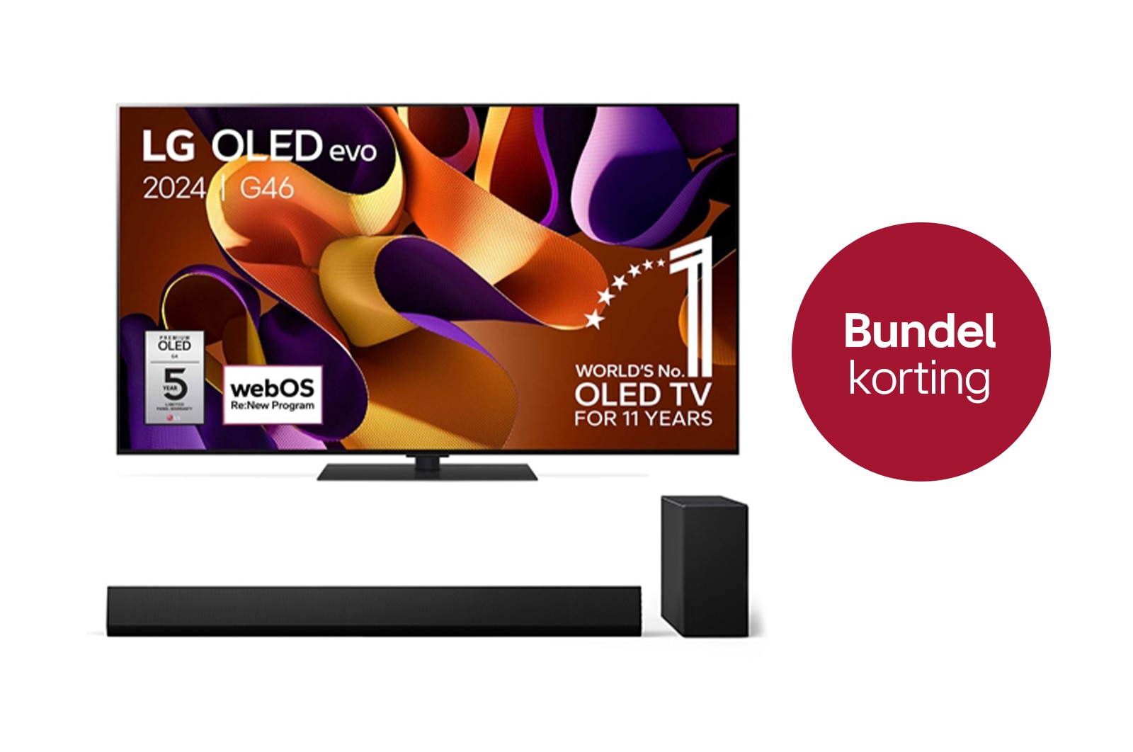 Vooraanzicht met LG OLED evo TV, OLED G4, 11 jaar wereldwijd nummer 1 OLED-embleem, en 5 jaar paneelgarantielogo op het scherm