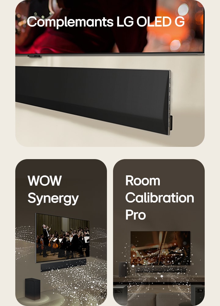 Weergave van een LG TV en LG Soundbar vanaf de onderkant, gemonteerd tegen de muur. LG Soundbar en LG TV in een huiskamer met een operaoptreden in beeld. Witte golven van druppels die geluidsgolven voorstellen, schieten omhoog en naar de soundbar. Ze worden door de tv uitgestoten en de subwoofer maakt een geluidseffect vanaf onderen. LG Soundbar, LG TV, achterluidsprekers en een subwoofer staan in een huiskamer. Een raster verschijnt in de kamer, alsof de ruimte wordt gescand. De voorkant van de achterluidsprekers stoten witte geluidsgolven uit, gemaakt van druppels.