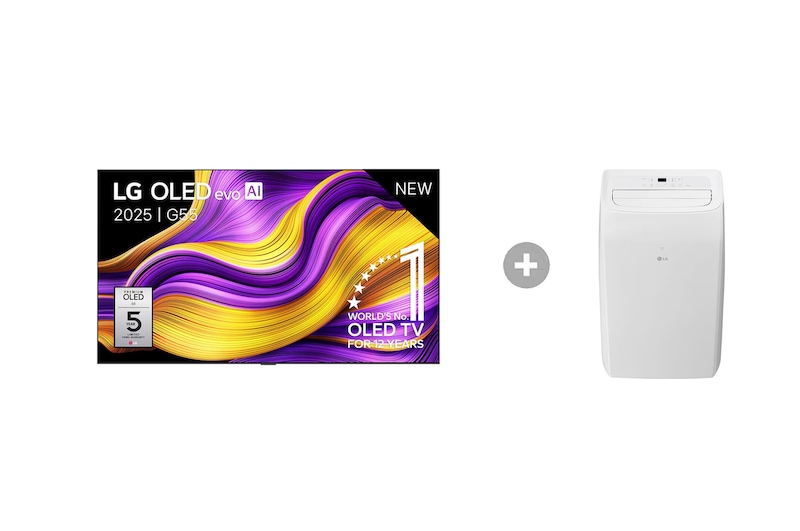 Vooraanzicht van 77 inch LG OLED evo AI G5 4K Smart TV + Mobiele Airconditioner OLED77G55LW.TF09TWS