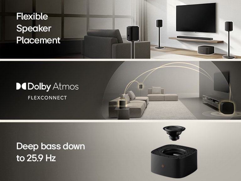 1) LG Sound Suite in een woonkamer, waarmee de flexibele plaatsing van luidsprekers voor een meeslepend geluidssysteem voor thuis wordt gedemonstreerd. 2) LG Sound Suite met Dolby Atmos FlexConnect-technologie detecteert de locatie van elke luidspreker om surround geluidssystemen te optimaliseren. 3) Close-up van de LG Sound Suite W7-woofer met zijn driver die een diepe basweergave tot 29,5 Hz kan produceren.