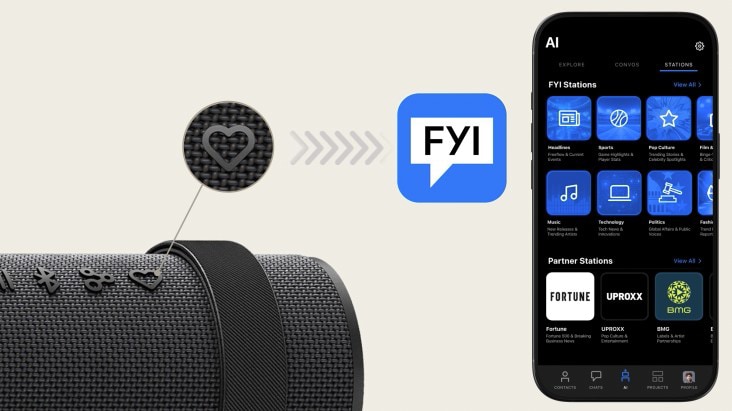 xboom Bounce's My Button is highlighted and suggests it can play FYI RAiDiO by showing its app screen. xboom Bounce's My Button is highlighted and suggests it can play FYI RAiDiO by showing its app screen.
