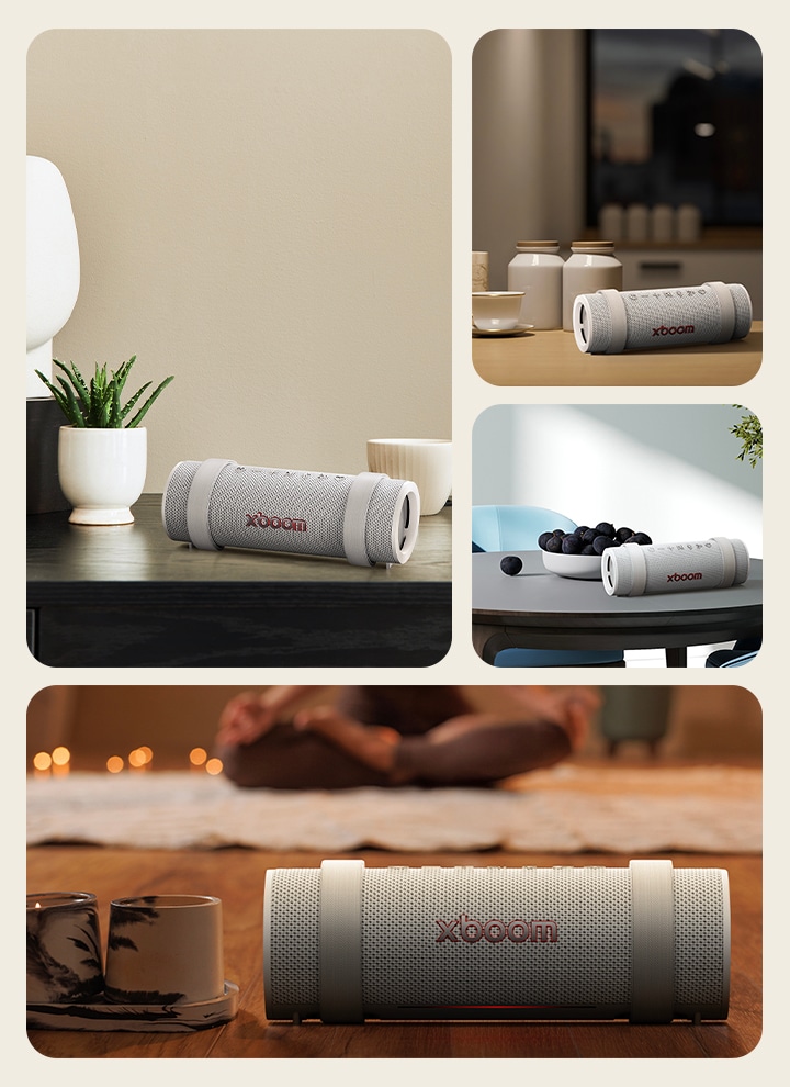 4 different images of xboom Grab Gray's indoor using scenes showing its calm mood with color.